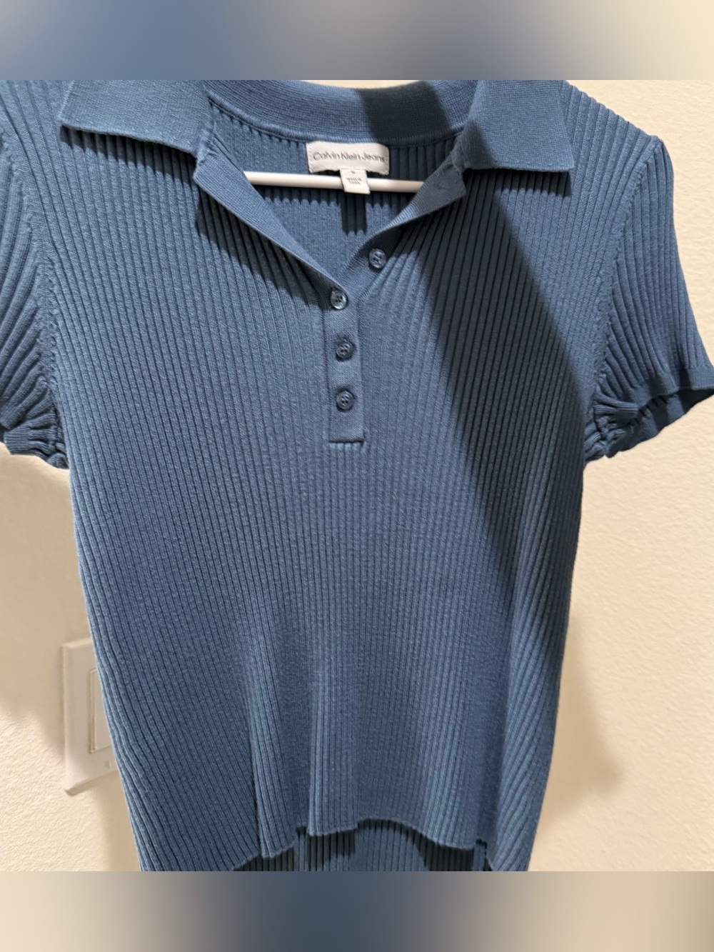 Calvin Klein Jeans Ribbed Knit Polo Top Blue Fitted Short Sleeve